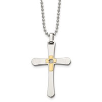 Chisel Stainless Steel Polished Necklace with 14K Gold Accent 0.50pt Diamond Cross Pendant on a Ball Chain, 22" view 1