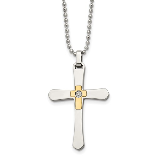 Chisel Stainless Steel Polished Necklace with 14K Gold Accent 0.50pt Diamond Cross Pendant on a Ball Chain, 22"