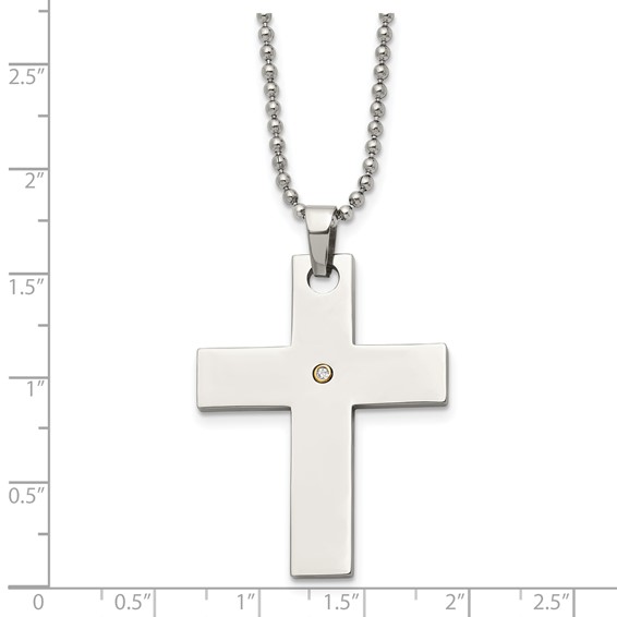 Chisel Stainless Steel Polished with 14k Gold Accent .02 carat Diamond Cross Pendant on a 22 inch Ball Chain Necklace