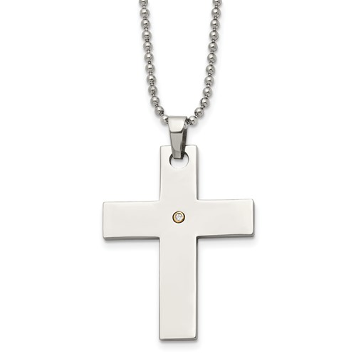 Chisel Stainless Steel Polished with 14K Gold Accent .02 Carat Diamond Cross Pendant on a 22 Inch Ball Chain Necklace