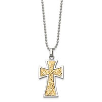Chisel Stainless Steel Polished Necklace with 14K Gold Accent Cross Pendant on a Ball Chain, 22" view 3
