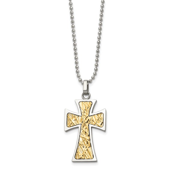 Chisel Stainless Steel Polished with 14k Gold Accent Cross Pendant on a 22 inch Ball Chain Necklace