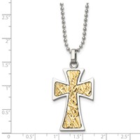 Chisel Stainless Steel Polished Necklace with 14K Gold Accent Cross Pendant on a Ball Chain, 22" view 5
