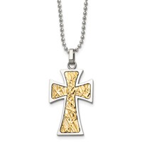 Chisel Stainless Steel Polished Necklace with 14K Gold Accent Cross Pendant on a Ball Chain, 22" view 1