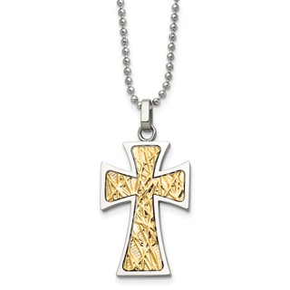 Chisel Stainless Steel Polished with 14k Gold Accent Cross Pendant on a 22 inch Ball Chain Necklace
