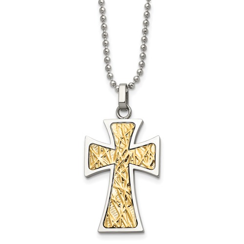 Chisel Stainless Steel Polished Necklace with 14K Gold Accent Cross Pendant on a Ball Chain, 22"