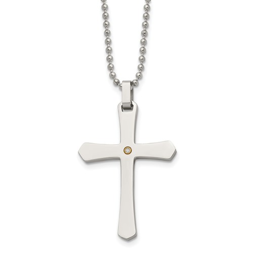 Chisel Stainless Steel Polished Necklace with 14K Gold Accent.02 Carat Diamond Cross Pendant on a Ball Chain, 22"