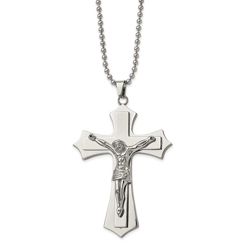Chisel Stainless Steel Polished Large Crucifix Pendant on a Ball Chain Necklace, 22"