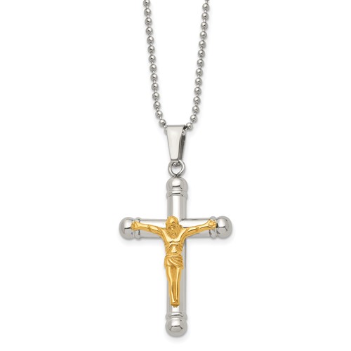 Chisel Stainless Steel Polished Yellow IP-plated Crucifix Pendant on a Ball Chain Necklace, 22"