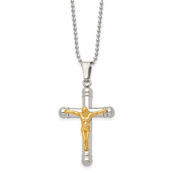Chisel Stainless Steel Polished Yellow IP-plated Crucifix Pendant on a 22 inch Ball Chain Necklace