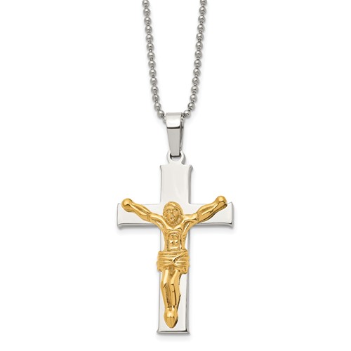 Chisel Stainless Steel Polished Yellow IP-plated Crucifix Pendant on a Ball Chain Necklace, 22"