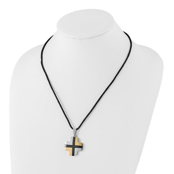 Stainless Steel Black & Yellow IP-plated Cross on Cord Necklace