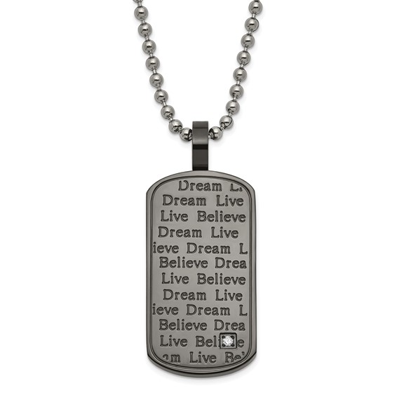 Stainless Steel Black PVD-plated CZ Believe Live Dream Dogtag Necklace