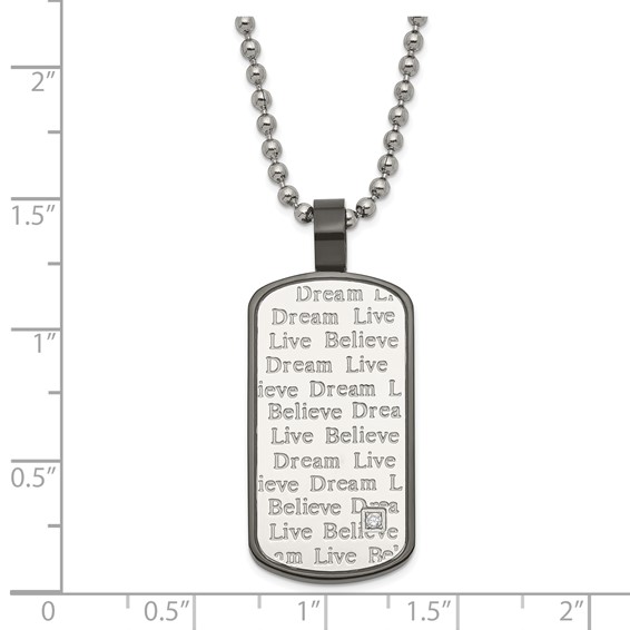 Stainless Steel Black PVD-plated CZ Live Dream Believe Dogtag Necklace
