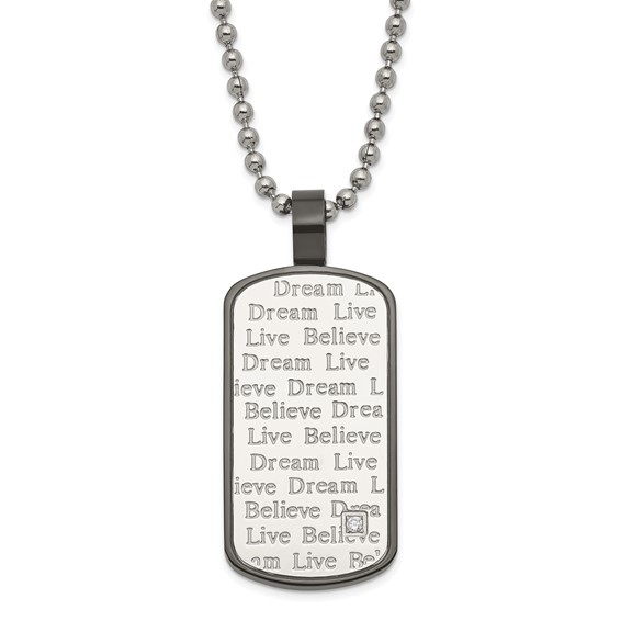Stainless Steel Black PVD-plated CZ Live Dream Believe Dogtag Necklace