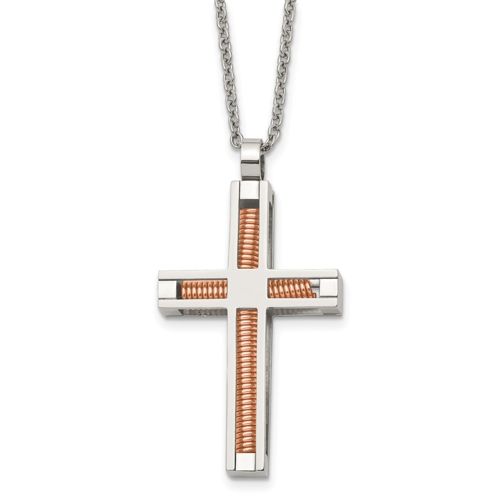 Stainless Steel Polished Rose IP-plated Cross 22in Necklace