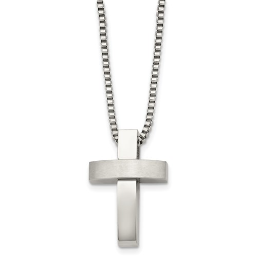 Chisel Stainless Steel Brushed and Polished Cross Pendant on a Box Chain Necklace, 22"