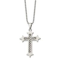 Chisel Stainless Steel Brushed Necklace with Braided Sterling Silver Inlay Cross Pendant on a Ball Chain, 24" view 3