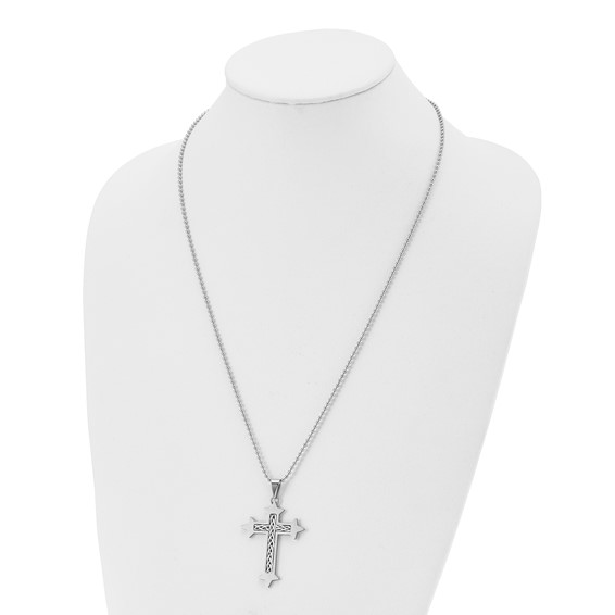 Chisel Stainless Steel Brushed with Braided Sterling Silver Inlay Cross Pendant on a 24 inch Ball Chain Necklace