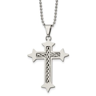 Chisel Stainless Steel Brushed with Braided Sterling Silver Inlay Cross Pendant on a 24 inch Ball Chain Necklace