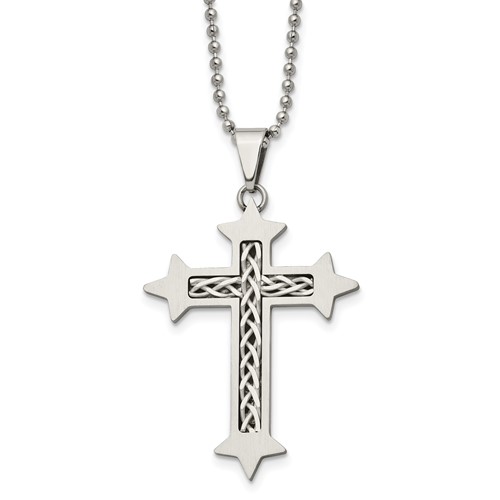 Chisel Stainless Steel Brushed Necklace with Braided Sterling Silver Inlay Cross Pendant on a Ball Chain, 24"