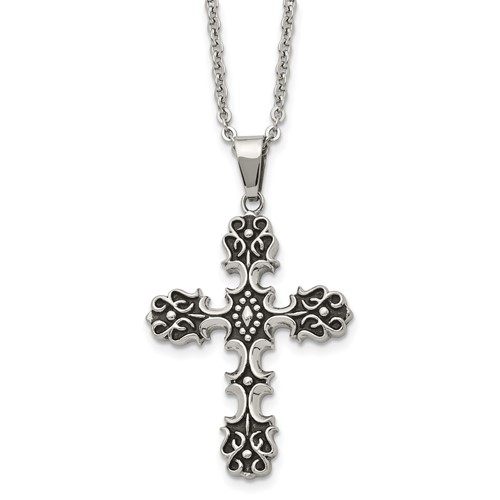 Chisel Stainless Steel Antiqued Polished and Textured Cross Pendant on a Cable Chain Necklace, 22"