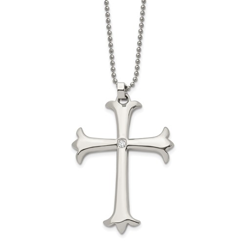 Chisel Stainless Steel Polished Necklace with CZ Cross Pendant on a Ball Chain, 22"
