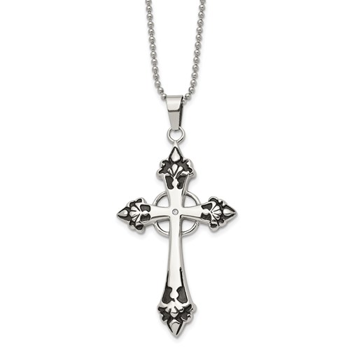 Chisel Stainless Steel Polished Enameled Necklace with.01 Carat Diamond Cross Pendant on a Ball Chain, 24"