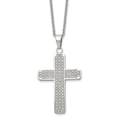 Chisel Stainless Steel Polished Necklace with CZ Cross Pendant on a Cable Chain, 22"