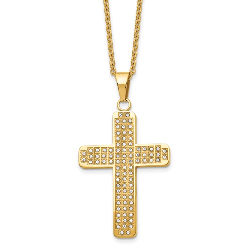 Chisel Stainless Steel Polished Yellow IP-plated with CZ Cross Pendant on a 22 Inch Cable Chain Necklace