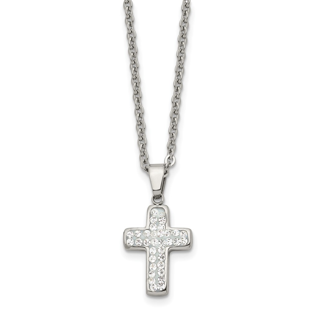 Stainless Steel Polished w/Crystal Cross 22in Necklace