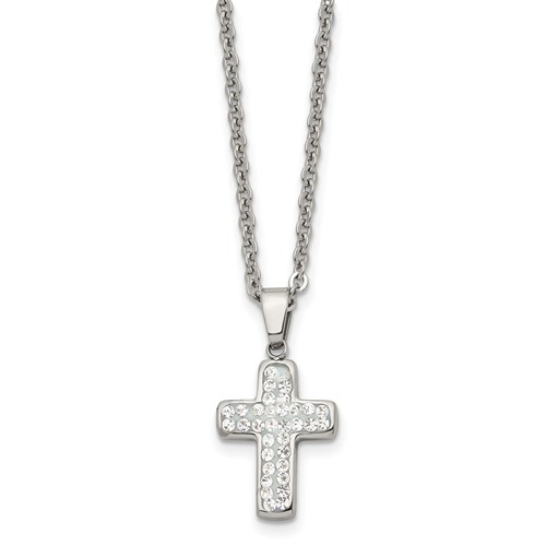 Chisel Stainless Steel Polished Crystal Cross Pendant on a Cable Chain Necklace, 22"