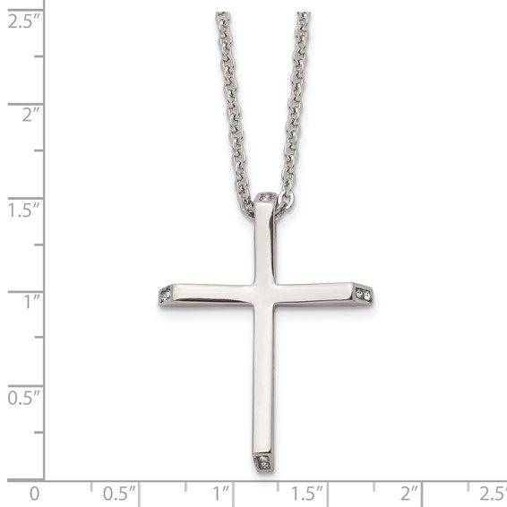 Chisel Stainless Steel Polished with CZ Ends Cross Pendant on a 22 inch Cable Chain Necklace
