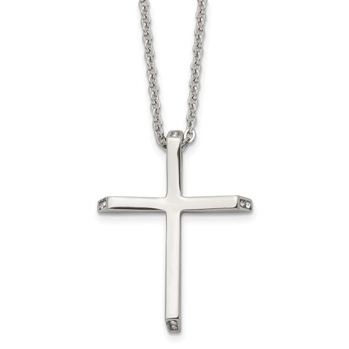 Chisel Stainless Steel Polished Necklace with CZ Ends Cross Pendant on a Cable Chain, 22"