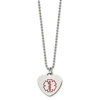 Chisel Stainless Steel Polished Necklace with Red Enamel Heart Medical ID Pendant on a Ball Chain, 22" view 3