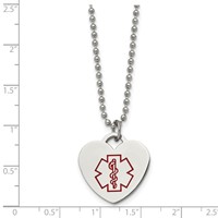 Chisel Stainless Steel Polished Necklace with Red Enamel Heart Medical ID Pendant on a Ball Chain, 22" view 5