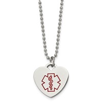 Chisel Stainless Steel Polished Necklace with Red Enamel Heart Medical ID Pendant on a Ball Chain, 22" view 1
