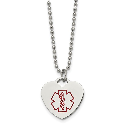 Chisel Stainless Steel Polished Necklace with Red Enamel Heart Medical ID Pendant on a Ball Chain, 22"