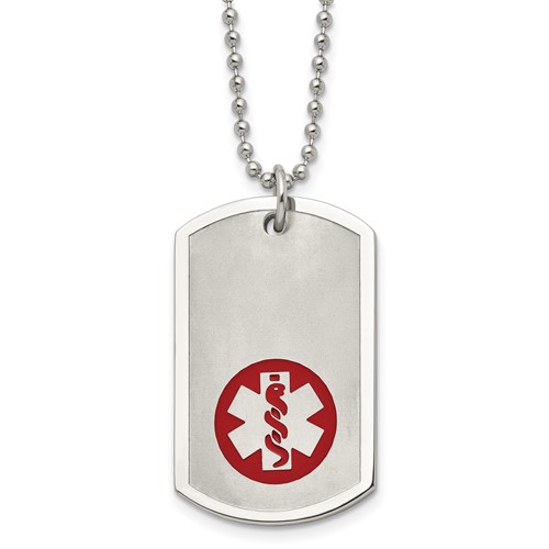 Chisel Stainless Steel Brushed and Polished Necklace with Red Enamel Medical ID Dog Tag on a Ball Chain, 22"