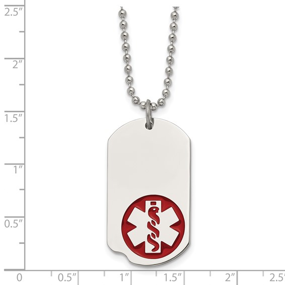 Chisel Stainless Steel Polished with Red Enamel Medical ID Dog Tag on a 22 inch Ball Chain Necklace