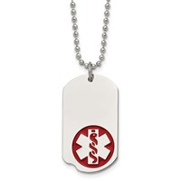 Chisel Stainless Steel Polished Necklace with Red Enamel Medical ID Dog Tag on a Ball Chain, 22" view 1