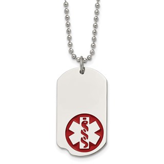 Chisel Stainless Steel Polished with Red Enamel Medical ID Dog Tag on a 22 inch Ball Chain Necklace