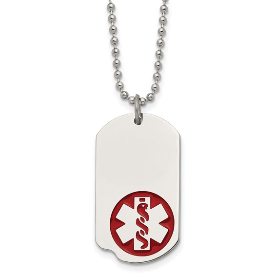 Chisel Stainless Steel Polished with Red Enamel Medical ID Dog Tag on a 22 inch Ball Chain Necklace