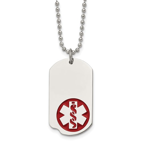 Chisel Stainless Steel Polished Necklace with Red Enamel Medical ID Dog Tag on a Ball Chain, 22"