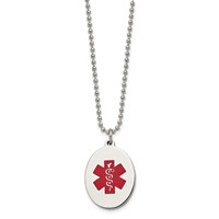 Chisel Stainless Steel Polished Necklace with Red Enamel Oval Medical ID Pendant on a Ball Chain, 24" view 3