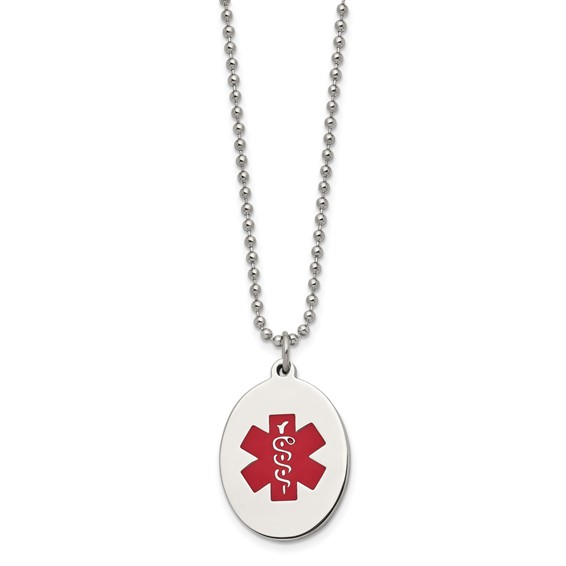 Chisel Stainless Steel Polished with Red Enamel Oval Medical ID Pendant on a 24 inch Ball Chain Necklace