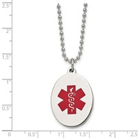 Chisel Stainless Steel Polished Necklace with Red Enamel Oval Medical ID Pendant on a Ball Chain, 24" view 5