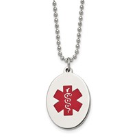Chisel Stainless Steel Polished Necklace with Red Enamel Oval Medical ID Pendant on a Ball Chain, 24" view 1