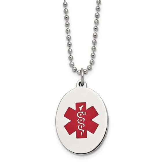 Chisel Stainless Steel Polished with Red Enamel Oval Medical ID Pendant on a 24 inch Ball Chain Necklace