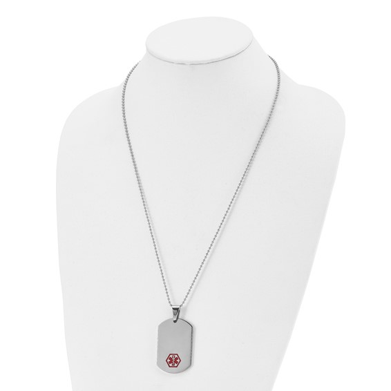 Chisel Stainless Steel Polished with Red Enamel Medical ID Dog Tag on a 24 inch Ball Chain Necklace